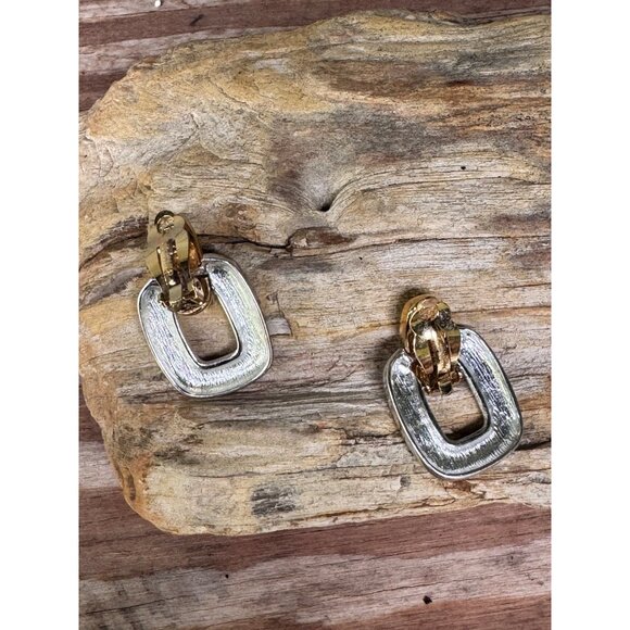 Vintage Givenchy Two-Tone Clip-On Earrings Gold & Silver Geometric Design Statem - Picture 4 of 7